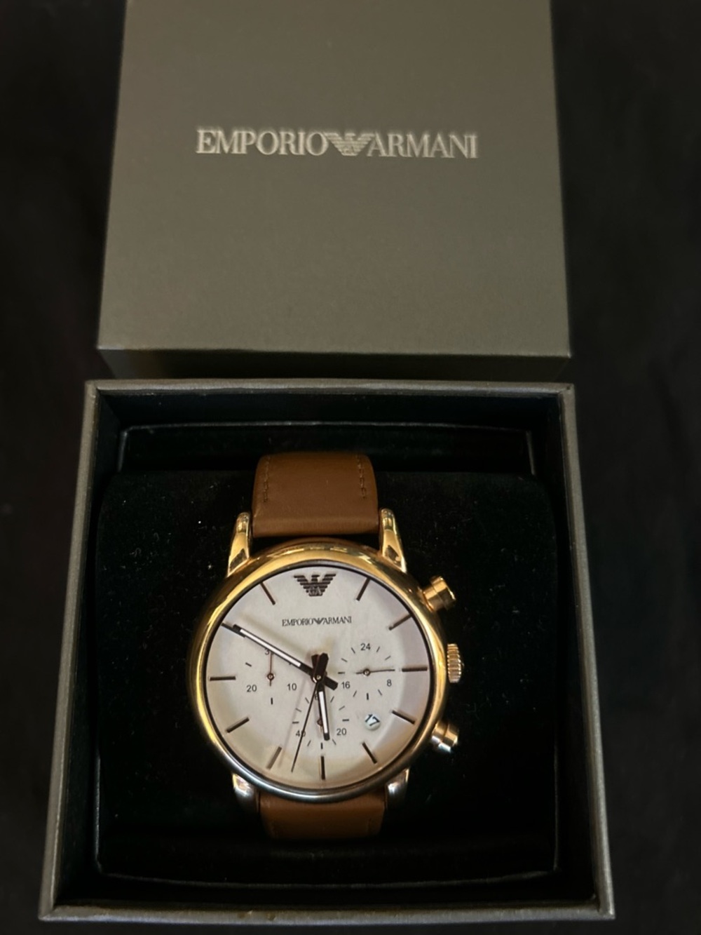 Emporio Armani Gold Tone Watch with White Dial and Brown Strap